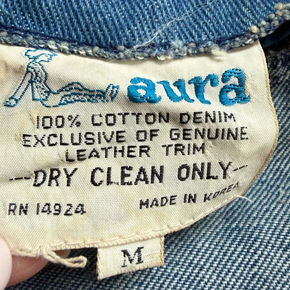 Vintage 70s Aura Denim Leather Patchwork 2 Piece Set Vest Flare Pants M 13/14 - Picture 12 of 12
